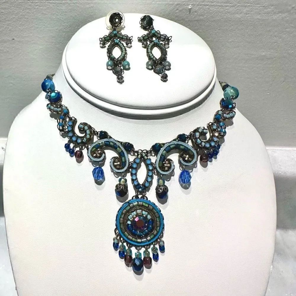 Vintage Ayala Bar Classic Collection Blue Beaded Statement Necklace & Drop Earri